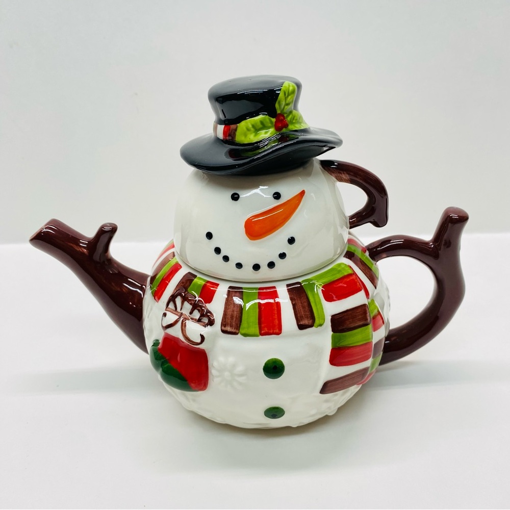 Pier 1 Imports Snowman Teapot Set w/Lid & Cup Tea for One  Christmas Holiday